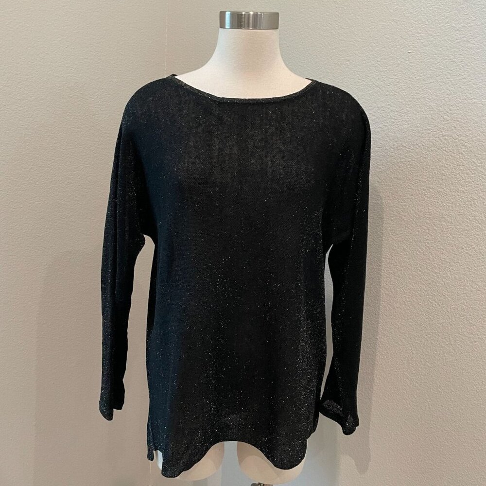 Eileen Fisher Womens Petite Large Black Metallic Sweater Linen Blend Long Sleeve